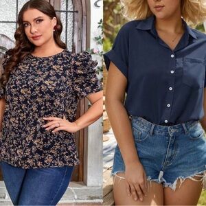 Plus Size Casual Shirt Bundle 1X Blue Button Down Floral Flowy Top Shein